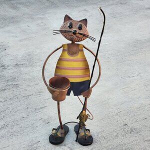Large Decorative Scrap Metal Fishing Cat Planter Sculpture Garden Ornament